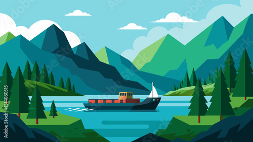 As it moves further inland the barge passes through lush green forests and majestic mountains a stark contrast to its dark cargo.. Vector illustration