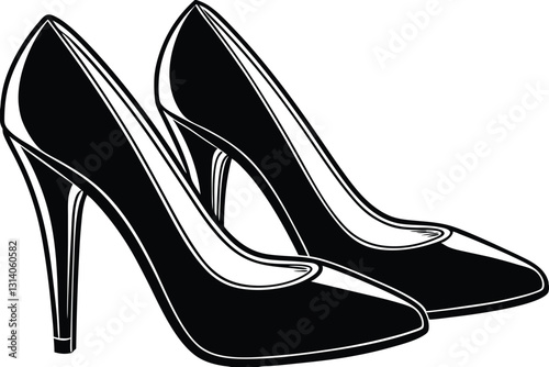 Set of outline black and white silhouette of women shoes with heels stilettos model accessory