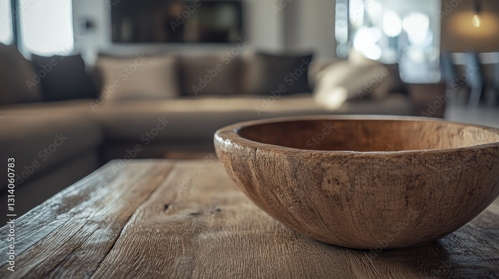 A rustic wooden bowl sits on a textured wooden coffee table A rustic wooden bowl sits on a textured wooden coffee table