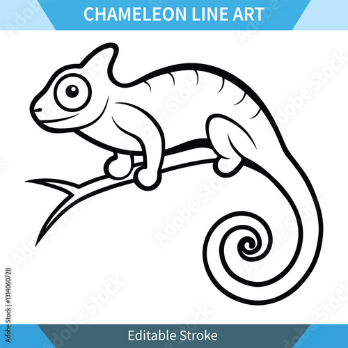 Adorable Chameleon Line Art Editable Vector Illustration for Coloring pages or digital design. Editable stroke for easy customization.