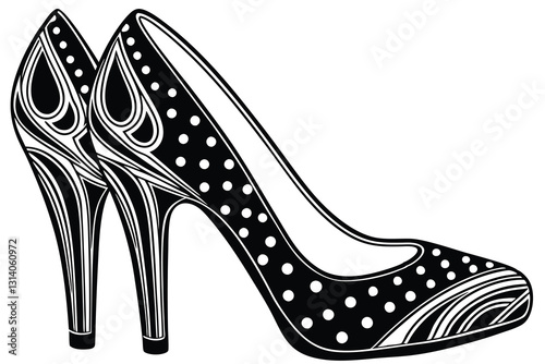 Set of outline black and white silhouette of women shoes with heels stilettos model accessory
