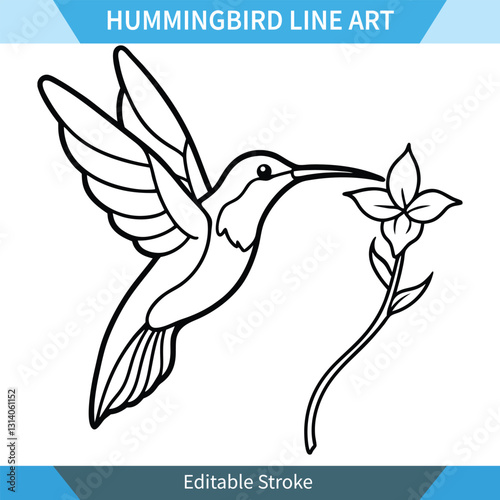 A simple line art drawing of a hummingbird feeding from a flower. Black and white vector illustration with editable stroke. Perfect for coloring pages or designs.