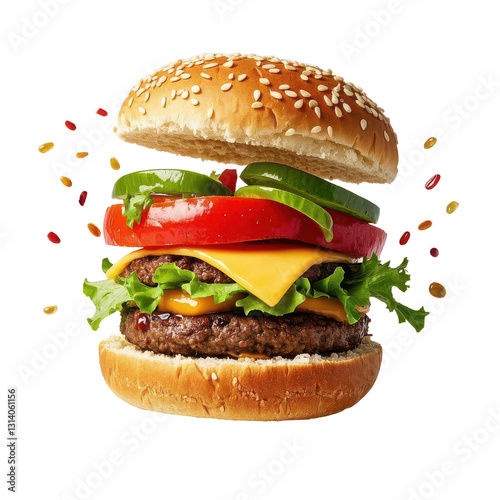 Cheeseburgers, fast food photography, exploded view, deconstructed burger, floating ingredients,