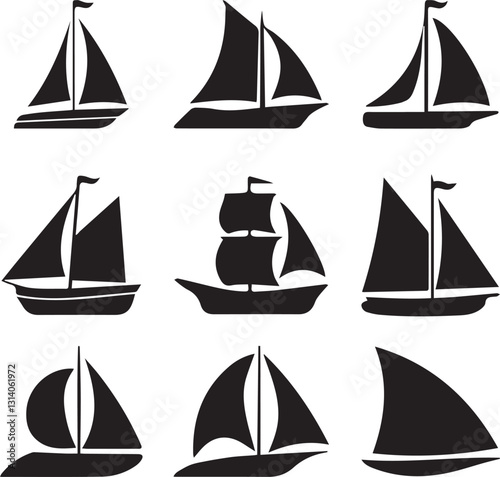 Collection of Black and White Sailing Vessel Silhouettes