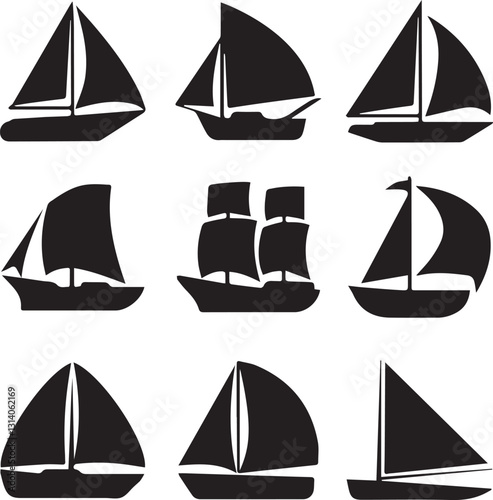 Collection of Black and White Sailing Vessel Silhouettes