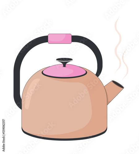 Stove kettle with steam 2D cartoon object. Home comfort, kitchen essential, tea preparation. Boiling water. Kitchenware teapot isolated element flat vector clip art on white. Spot illustration
