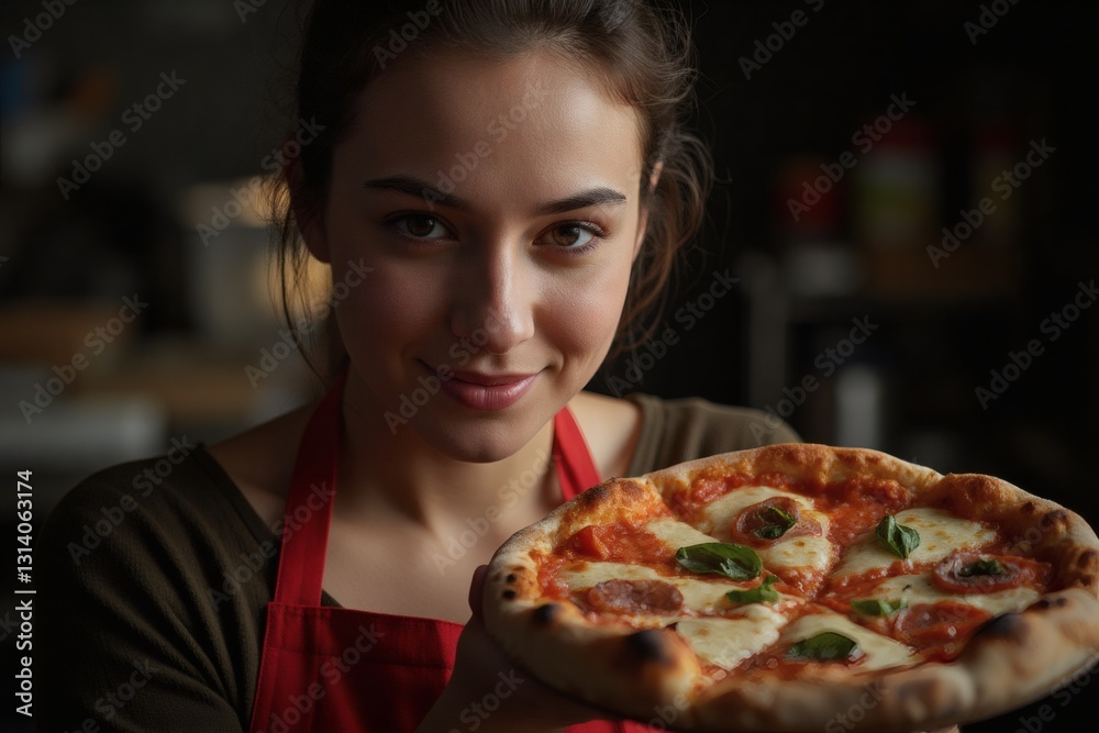 Young female chef in red apron holding freshly baked pizza in professional kitchen Young female chef in red apron holding freshly baked pizza in professional kitchen
