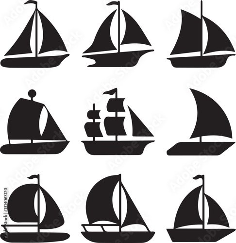 Collection of Black and White Sailing Vessel Silhouettes