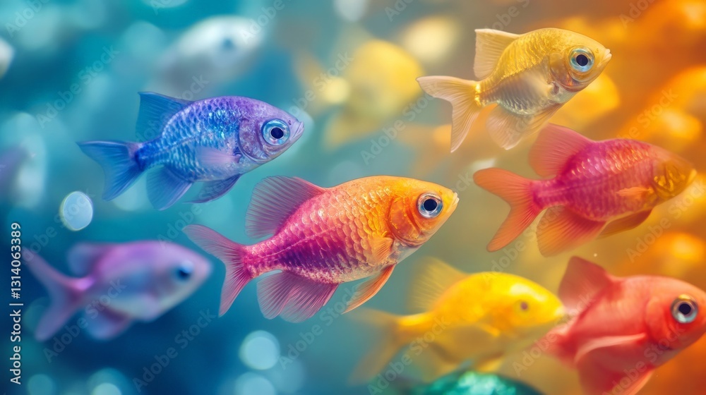 Naklejka premium Colorful Goldfish Swimming Gracefully in Vibrant Aquarium Water