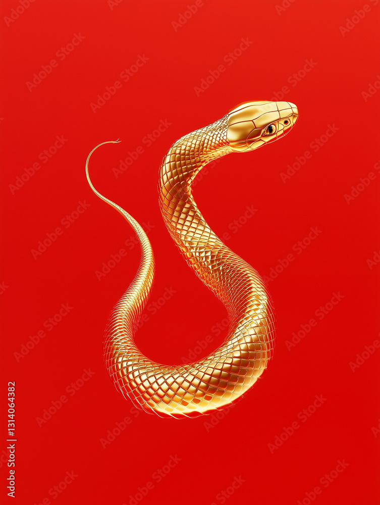 Fototapeta premium gold metallic snake on a red background, Chinese new year, holiday, gold luxury, abstract serpent illustration,3D render
