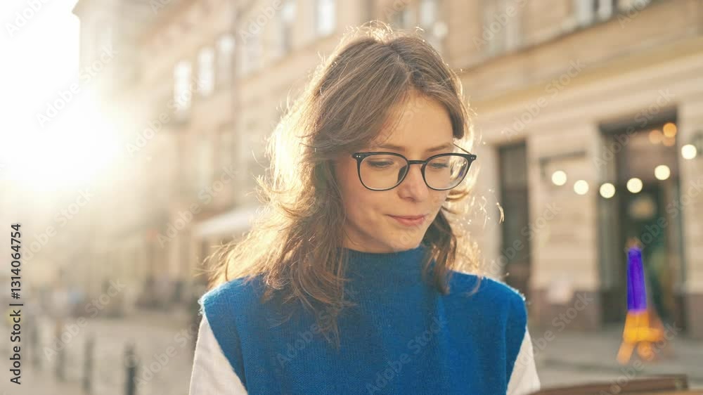 Pretty girl standing in middle of city while looking at tablet device. Using digital gadget to find location or search information. Wearing glasses and blue sweater. Sun shining bright in background.