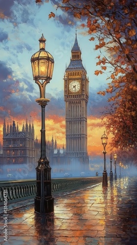 breathtaking oil painting of Big Ben during an autumn evening.