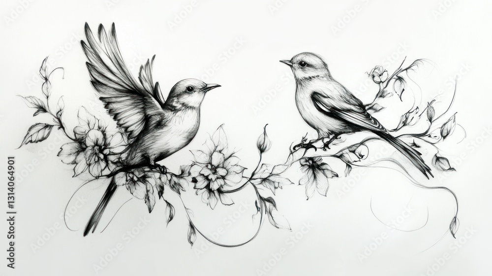 custom made wallpaper toronto digitalTwo birds perched on a floral branch, detailed line art drawing