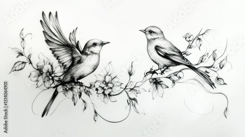 Wallpaper Mural Two birds perched on a floral branch, detailed line art drawing Torontodigital.ca