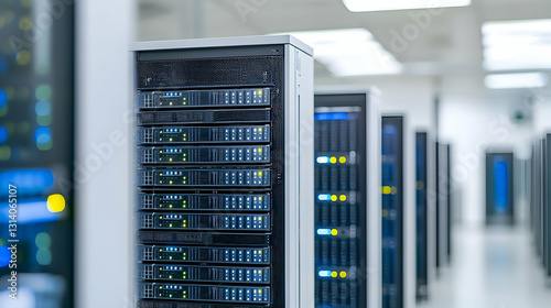 Modern Data Center With Server Racks and Network Hardware in a Brightly Lit Room With Cool Blue and White Tones