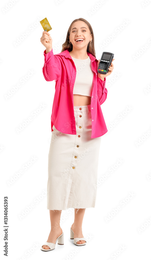 Young woman with credit card and payment terminal on white background Young woman with credit card and payment terminal on white background