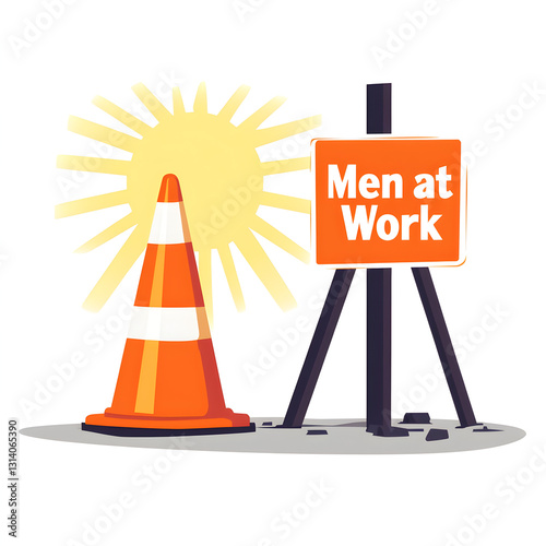 A traffic cone next to a 'Men at Work' sign on a sunny day photo