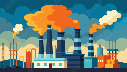 Sudden bursts of steam and smoke can be seen erupting from the refinerys flare stacks as the machinery is put to the test.. Vector illustration