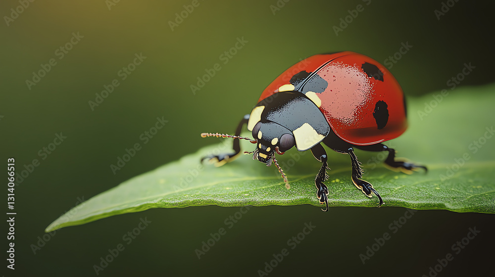 Naklejka premium Close-Up of Ladybug on Leaf in Sunlit Garden