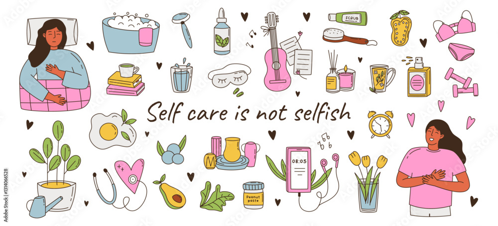Self care doodle elements set