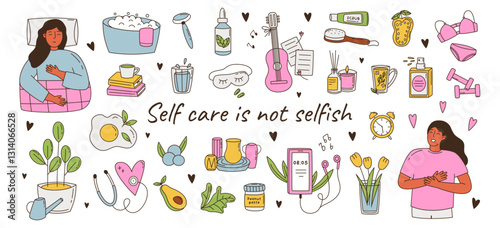 Self care doodle elements set