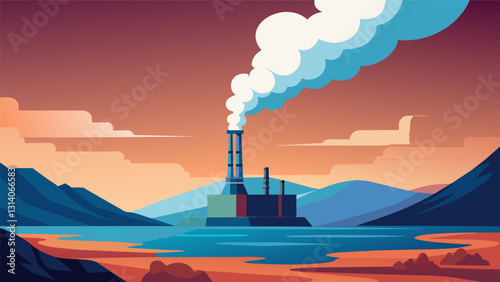 In the distance a geothermal power plant releases plumes of steam into the sky a visible indication of the energy being harnessed from deep within the. Vector illustration