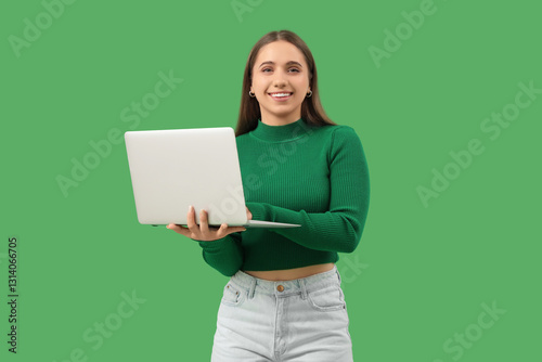 Young woman with laptop on ...