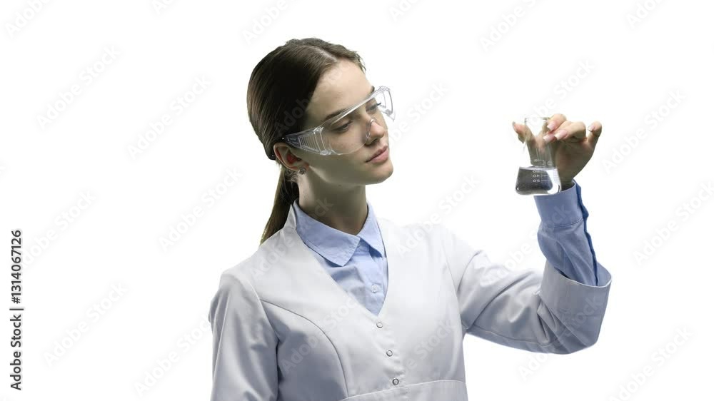 Female doctor, close-up, on a white background, holding a bottle Female doctor, close-up, on a white background, holding a bottle