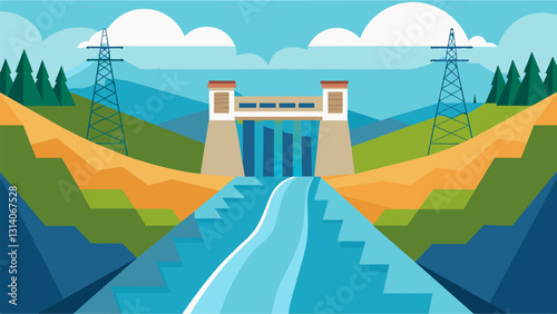 The powerful current of the river slows to a gentle stream as it reaches the base of the hydroelectric dam soon to be transformed into electricity.. Vector illustration