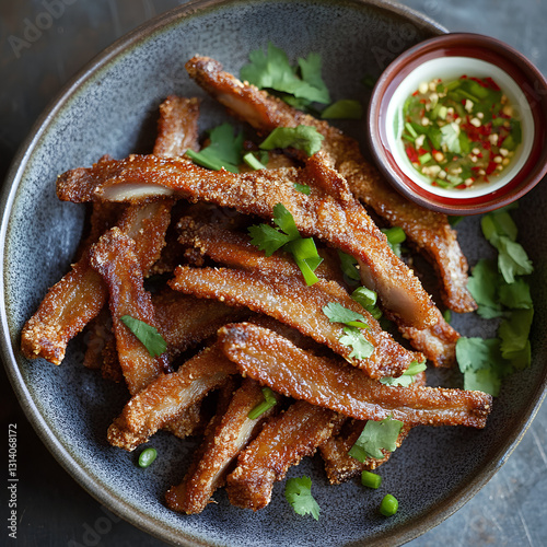 Delicious Fried Pork Liver Strips with Chili Garlic Dip - Crispy Pork Liver Strips with Spicy Dipping Sauce photo