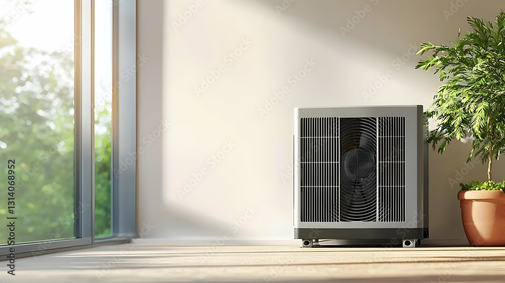 Modern Portable Air Conditioning Unit by the Window in a Sunlit Room Enhancing Indoor Climate Control Modern Portable Air Conditioning Unit by the Window in a Sunlit Room Enhancing Indoor Climate Control