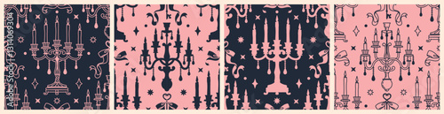 Baroque Gothic seamless pattern with luxurious vintage candlesticks and chandeliers. A classic romantic, flirty coquette background with a mysterious dramatic touch in dark and pink tones