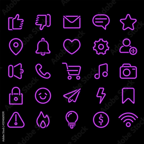 Neon Social Media Icon set with glowing Symbols for communication, internet, and technology. Modern digital outline icons for web, UI, and UX design on a black background. Futuristic and cyber style