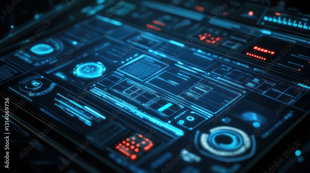 A futuristic computer interface with blue and red glowing displays A futuristic computer interface with blue and red glowing displays