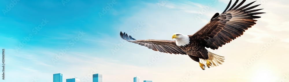 Obraz premium Majestic Eagle Soaring Over a Corporate Skyline with Clear Blue Sky in the Background