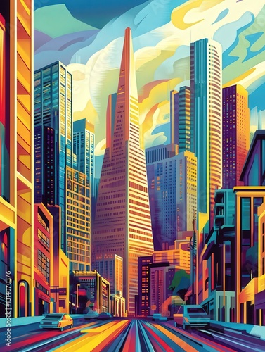 futuristic urban landscape in San Francisco, showcasing a striking cubical architectural design with elegant spires against a vibrant city backdrop