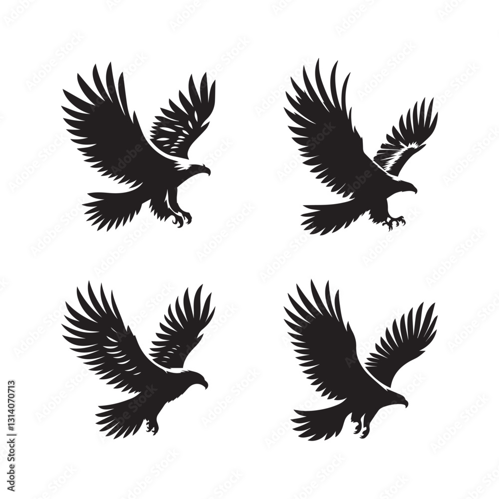 Obraz premium Eagle bird fly wings black soild silhouette bundle isolated on white background, clip art logo icon set