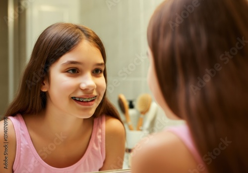 Young female teenager checking dental braces, grinning confidently while examining smile in bathroom mirror, representing orthodontic care and personal wellness