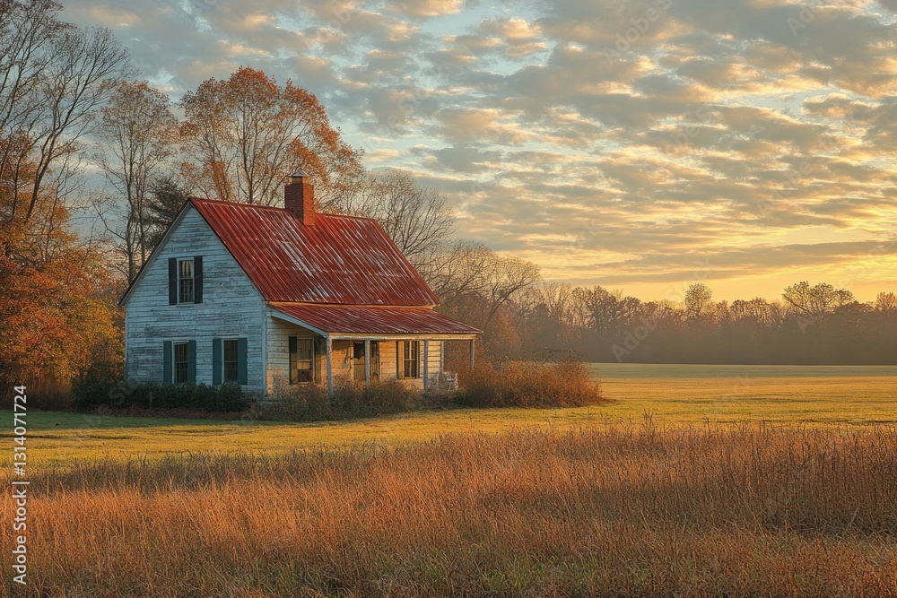Fototapeta premium Rustic farmhouse at dawn in autumnal field