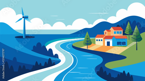 The gentle flow of a calm river turns into a force to be reckoned with as it passes through a turbine producing electricity for homes and businesses.. Vector illustration