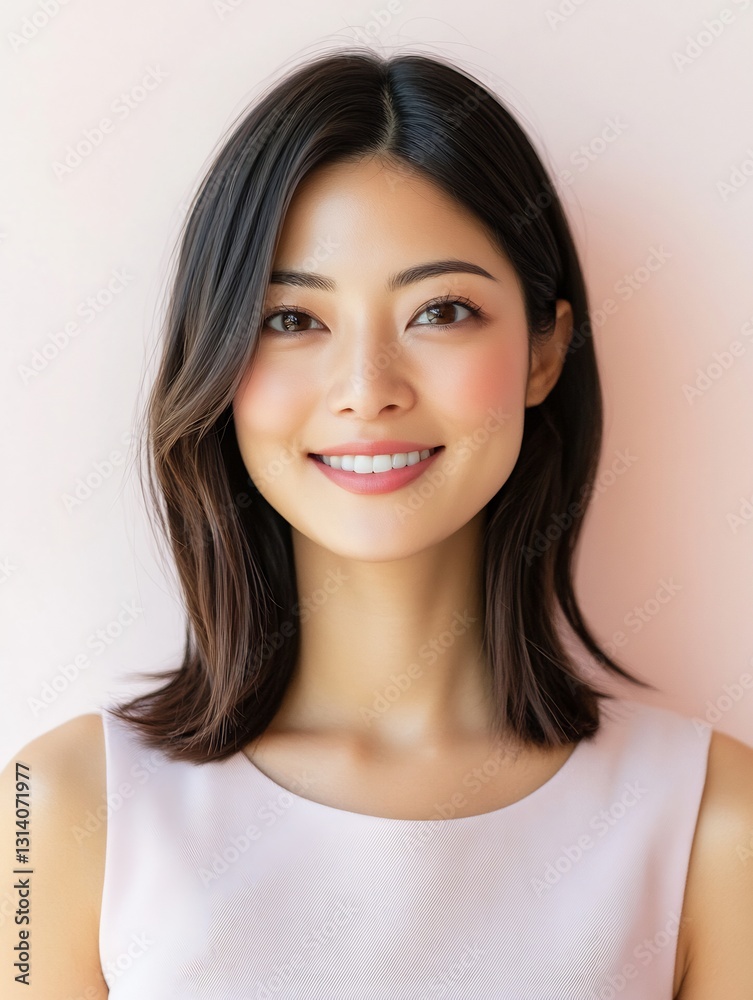 Playful Asian woman in pastel lilac dress with inviting smile against pastel mint and ivory gradient Playful Asian woman in pastel lilac dress with inviting smile against pastel mint and ivory gradient