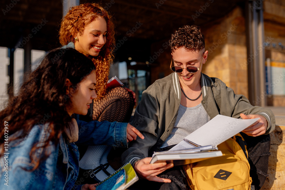 Obraz premium Smiling students sharing notes and studying together on university campus