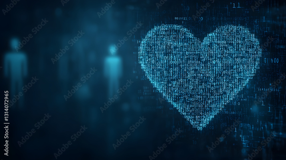 A digital heart surrounded by intricate AI code patterns, with shadowy futuristic elements, symbolizing the intersection of technology, emotion, and artificial intelligence in the modern world.