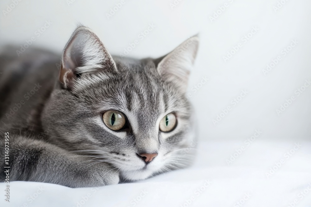 Serene Gray Tabby Cat Resting on White Bedding Serene Gray Tabby Cat Resting on White Bedding