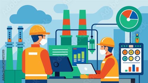 Despite the sweltering temperatures workers in the chemical plant tirelessly monitor and control the energy consumption ensuring maximum efficiency.. Vector illustration