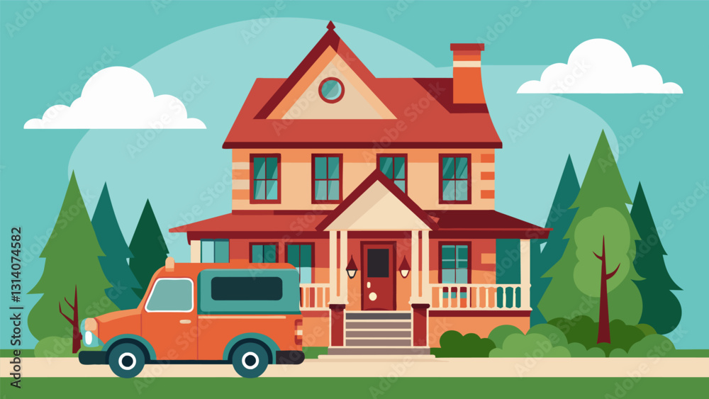 The old Victorian house with its charming wraparound porch was visited by the friendly home heating oil truck keeping its residents cozy and. Vector illustration The old Victorian house with its charming wraparound porch was visited by the friendly home heating oil truck keeping its residents cozy and. Vector illustration