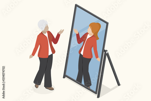 Senior woman seeing her younger self in the mirror. Elderly lady smiling and accepting the aging process. Simple design without a face. Isometric flat vector illustration