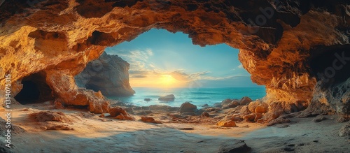 Sunrise through cave opening to ocean beach