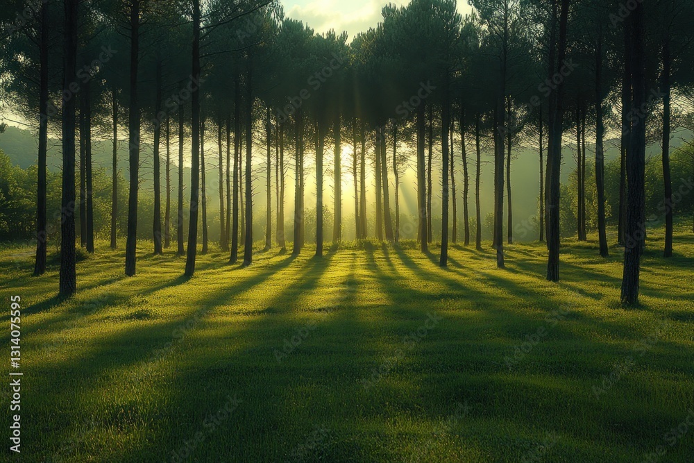 Obraz premium Sunrise through misty pine forest casting shadows on grassy meadow