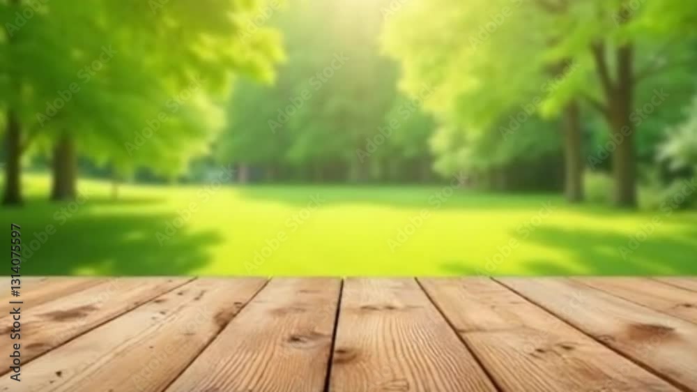 Nature background with wood table for food display and blur green tree garden in spring and summer, empty wooden table